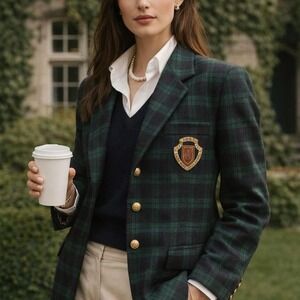 DKNY Womens Blazer plaid crest vintage wool cashmere lined green gold 90s rare